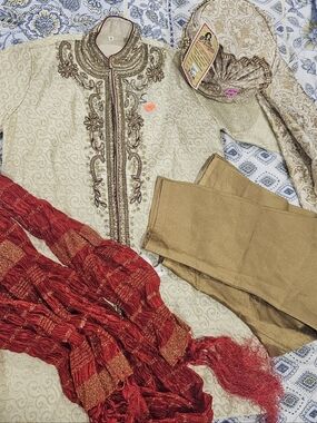 Embroidered Cream Sherwani with Red Scarf And Head Piece- Kids Size 5